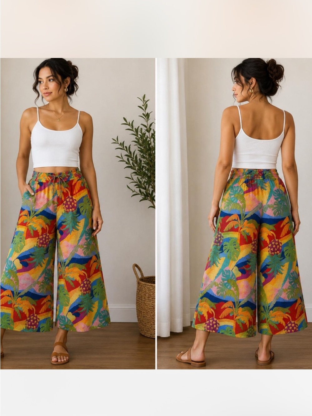 Christian Siriano New York Colorful Tropical Wide-Leg Pants